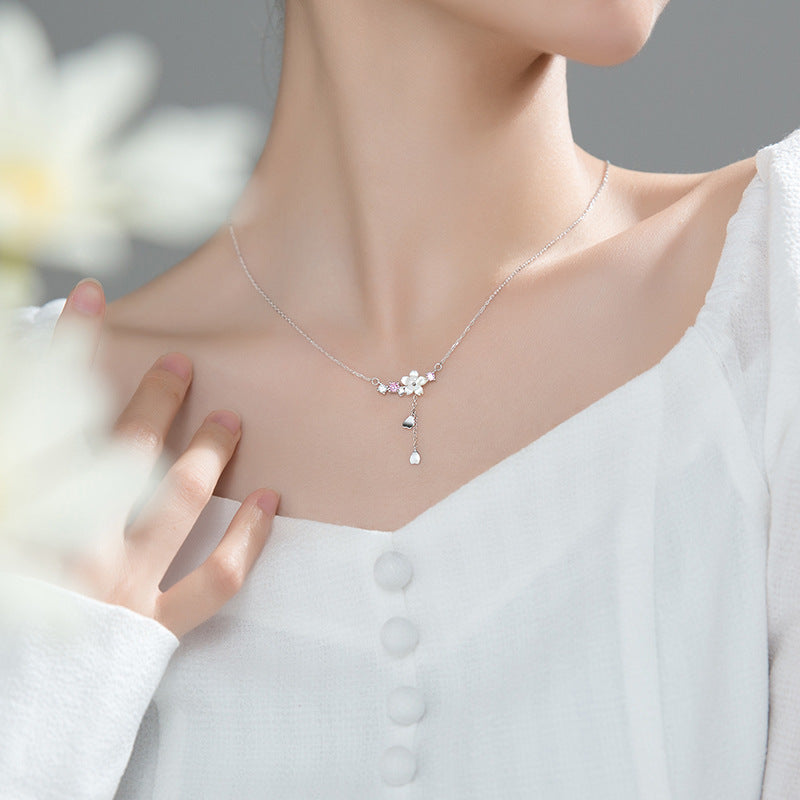 S925 pure silver cherry blossom shell necklace simple flower pendant collarbone chain jewelry