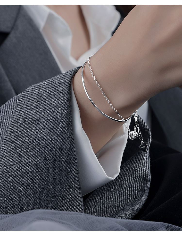 S925 Sterling Silver Double Layer Twisted Bar Bracelet for Women, Ins Style Unique Sweet Versatile Hand Jewelry