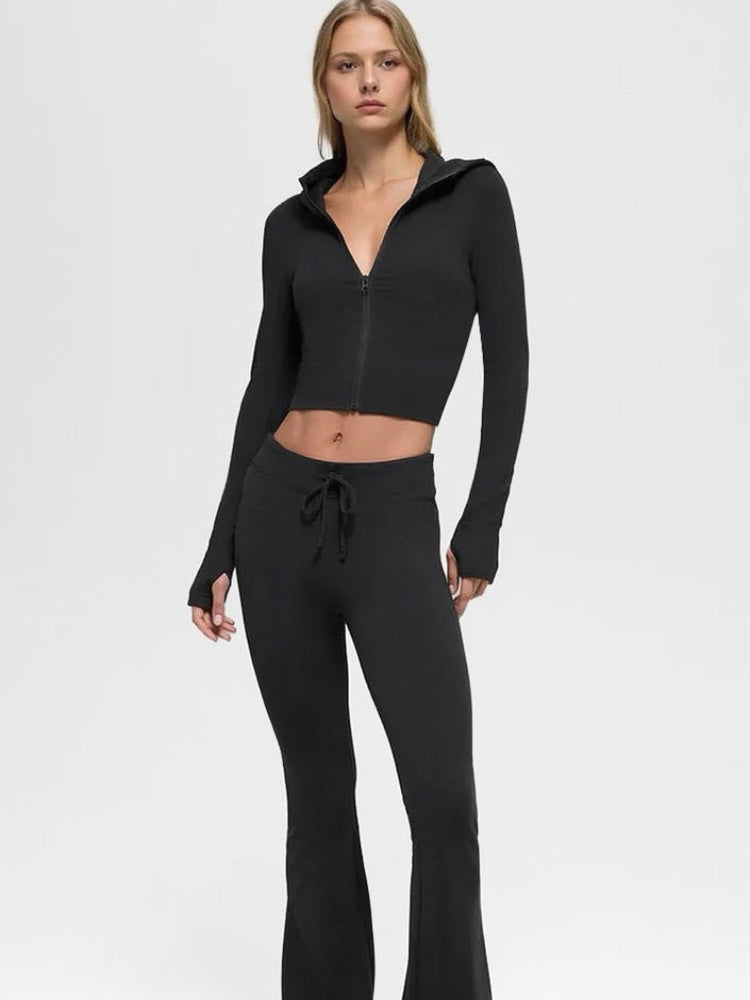 2636 Women Slim Fit Hooded Zip Yoga Set, Flared Pants Autumn Winter Casual Sports Activewear
