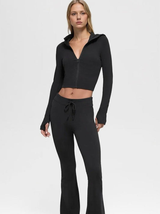 2636 Women Slim Fit Hooded Zip Yoga Set, Flared Pants Autumn Winter Casual Sports Activewear