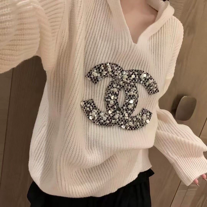 C23 Women high-quality b0lack and white casual sweater
