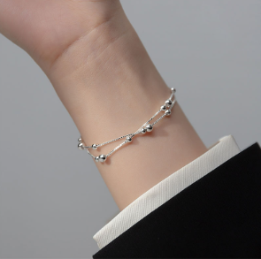 S925 Sterling Silver Double Layer Bracelet for Women, Polished Round Beads, Minimalist Trendy Elegant New Hand Jewelry