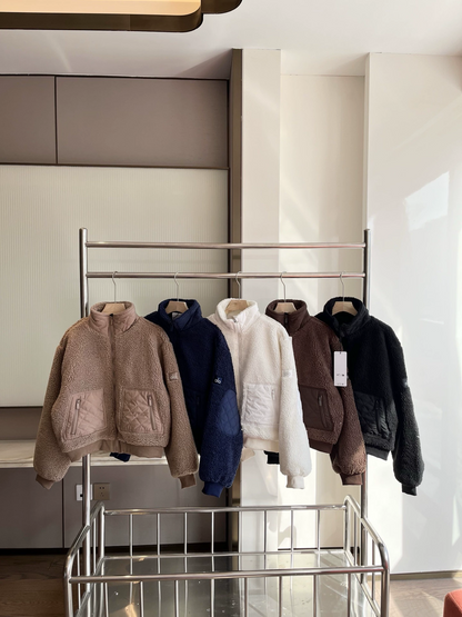 C1 Women Versatile Warm Short Sherpa Fleece Jacket Stand‑Collar Zipper Sports Coat