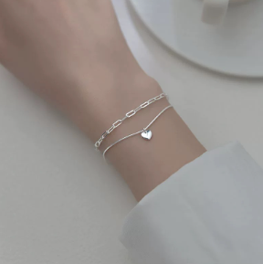 S925 Sterling Silver Double Layer Heart Bracelet for Women, Minimalist Fashion Versatile Light Luxury Snake Chain Hand Jewelry