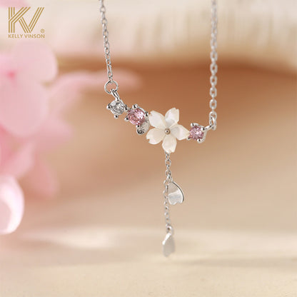 S925 pure silver cherry blossom shell necklace simple flower pendant collarbone chain jewelry