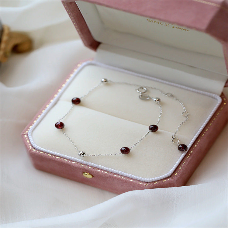 S925 Sterling Silver Red Garnet Bracelet for Women, Unique Forest Style, Minimalist Sweet Fresh Jewelry