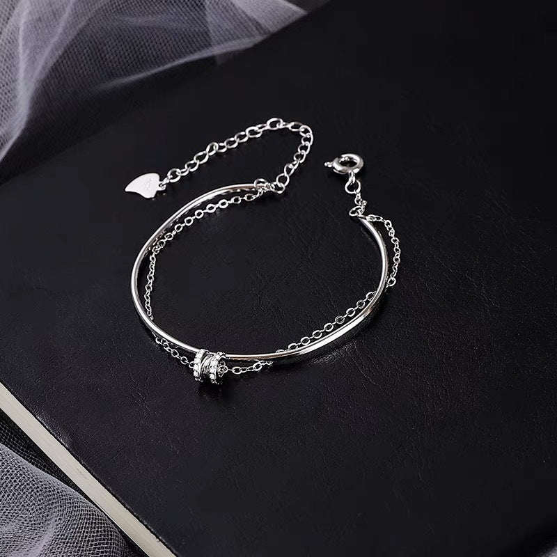 S925 Sterling Silver Double Layer Twisted Bar Bracelet for Women, Ins Style Unique Sweet Versatile Hand Jewelry