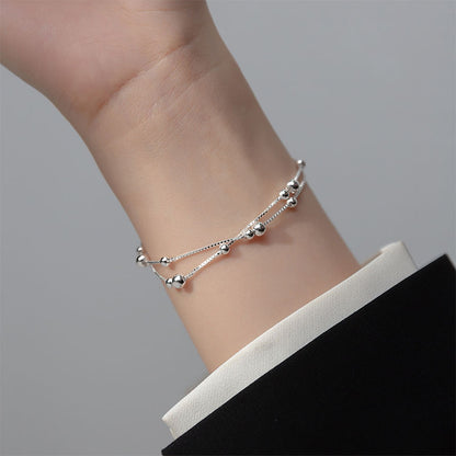 S925 Sterling Silver Double Layer Bracelet for Women, Polished Round Beads, Minimalist Trendy Elegant New Hand Jewelry