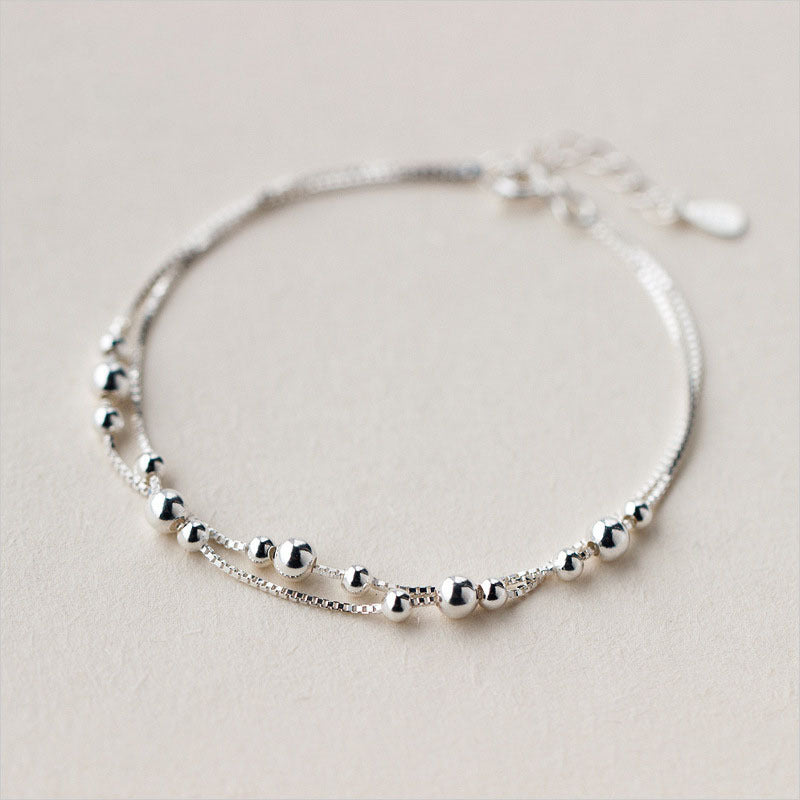 S925 Sterling Silver Double Layer Bracelet for Women, Polished Round Beads, Minimalist Trendy Elegant New Hand Jewelry