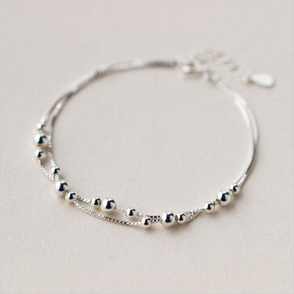 S925 Sterling Silver Double Layer Bracelet for Women, Polished Round Beads, Minimalist Trendy Elegant New Hand Jewelry