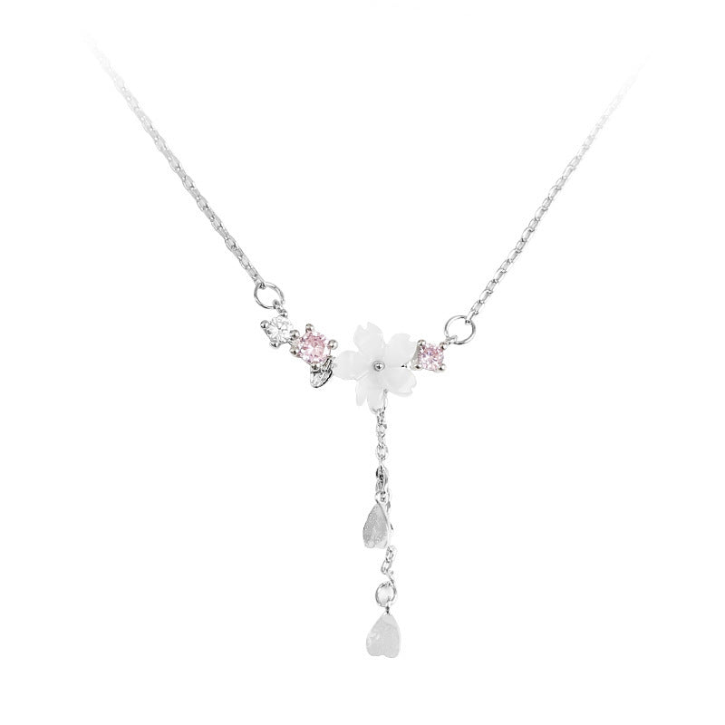S925 pure silver cherry blossom shell necklace simple flower pendant collarbone chain jewelry