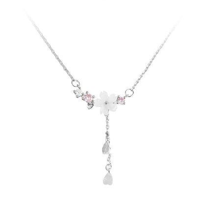 S925 pure silver cherry blossom shell necklace simple flower pendant collarbone chain jewelry
