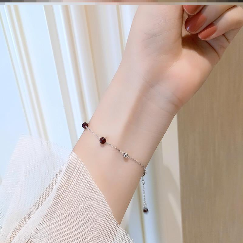 S925 Sterling Silver Red Garnet Bracelet for Women, Unique Forest Style, Minimalist Sweet Fresh Jewelry