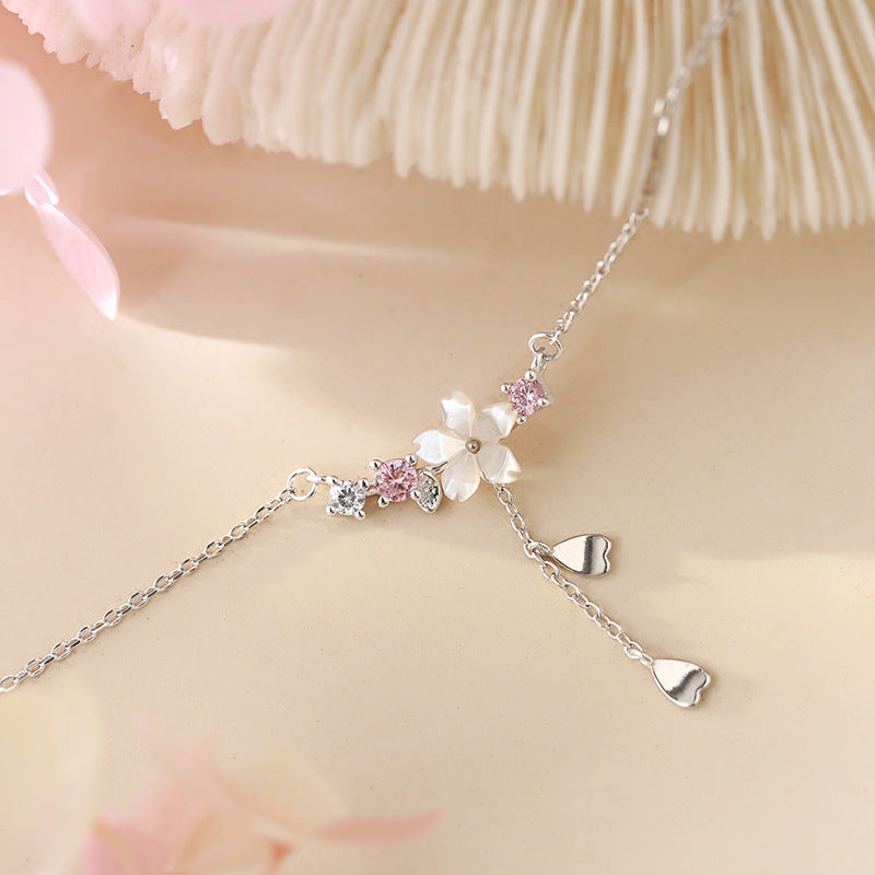 S925 pure silver cherry blossom shell necklace simple flower pendant collarbone chain jewelry