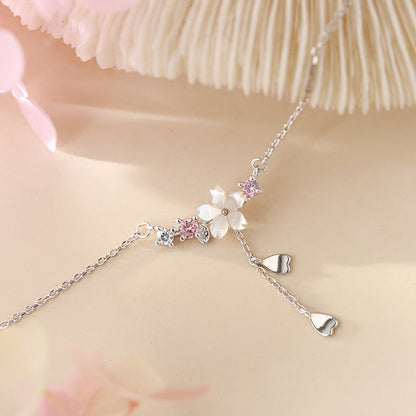 S925 pure silver cherry blossom shell necklace simple flower pendant collarbone chain jewelry