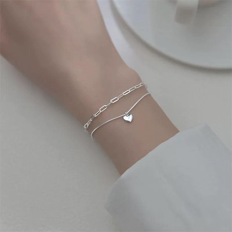 S925 Sterling Silver Double Layer Heart Bracelet for Women, Minimalist Fashion Versatile Light Luxury Snake Chain Hand Jewelry