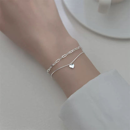 S925 Sterling Silver Double Layer Heart Bracelet for Women, Minimalist Fashion Versatile Light Luxury Snake Chain Hand Jewelry