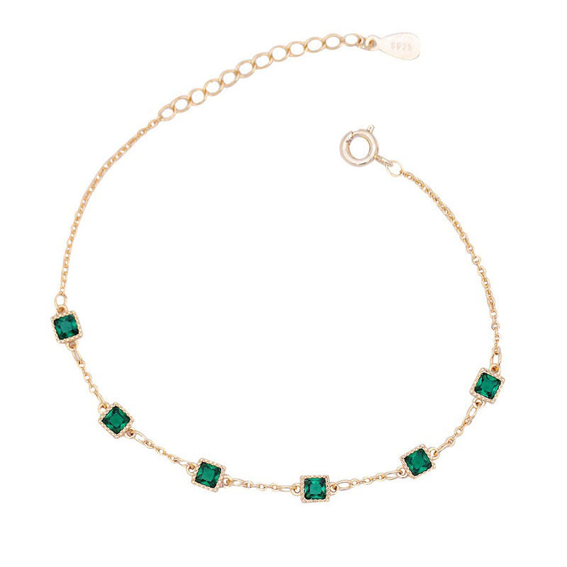 S925 silver diamond set heart block emerald bracelet for women's jewelry