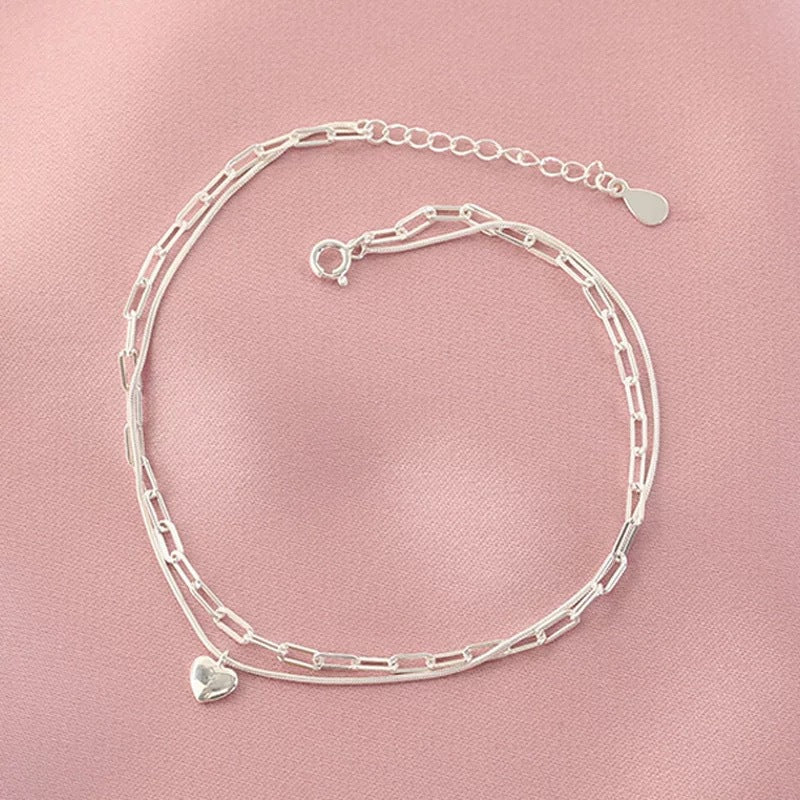 S925 Sterling Silver Double Layer Heart Bracelet for Women, Minimalist Fashion Versatile Light Luxury Snake Chain Hand Jewelry