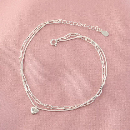 S925 Sterling Silver Double Layer Heart Bracelet for Women, Minimalist Fashion Versatile Light Luxury Snake Chain Hand Jewelry