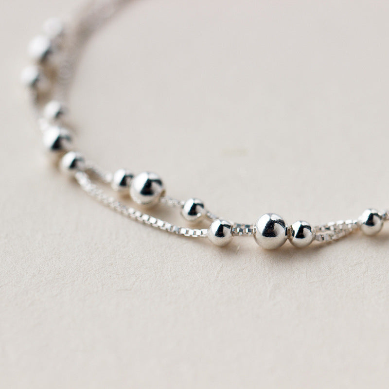 S925 Sterling Silver Double Layer Bracelet for Women, Polished Round Beads, Minimalist Trendy Elegant New Hand Jewelry