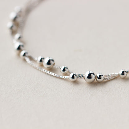 S925 Sterling Silver Double Layer Bracelet for Women, Polished Round Beads, Minimalist Trendy Elegant New Hand Jewelry
