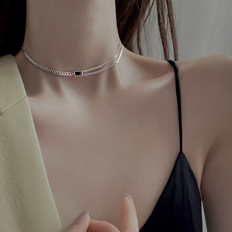 S925 silver square brand retro necklace collarbone chain women's jewelry