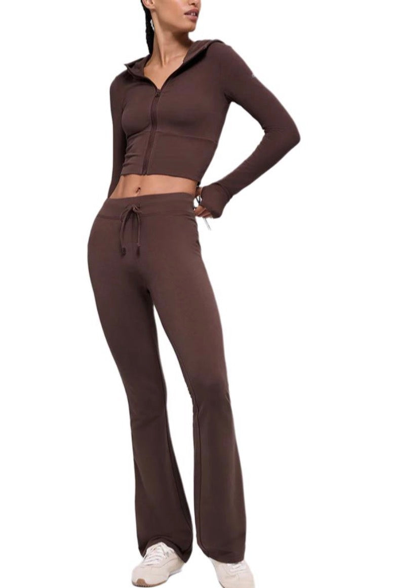2636 Women Slim Fit Hooded Zip Yoga Set, Flared Pants Autumn Winter Casual Sports Activewear