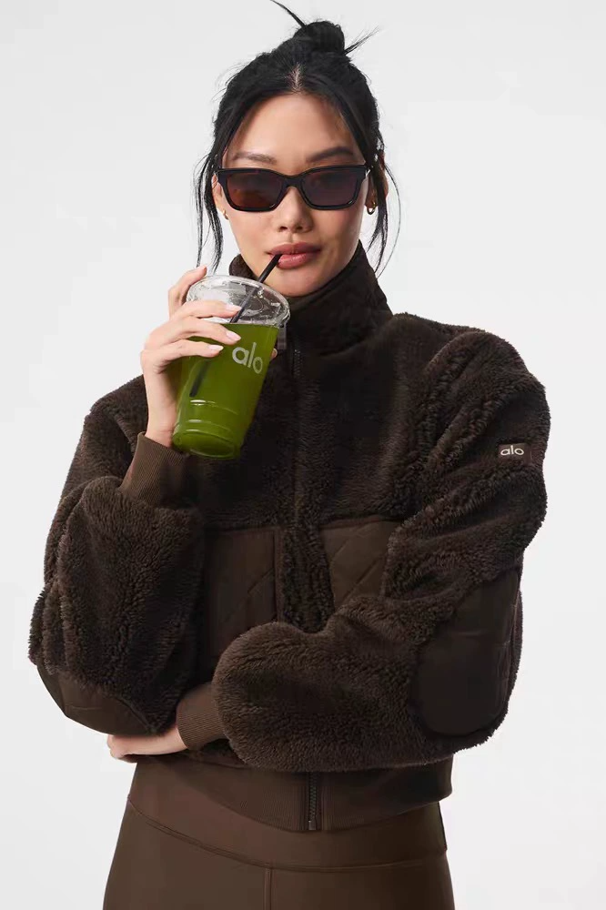 C1 Women Versatile Warm Short Sherpa Fleece Jacket Stand‑Collar Zipper Sports Coat