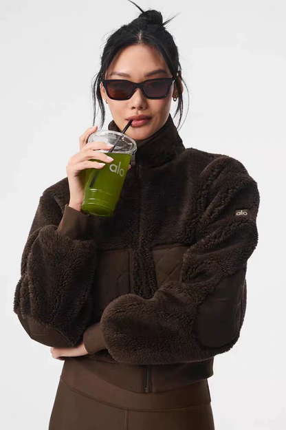 C1 Women Versatile Warm Short Sherpa Fleece Jacket Stand‑Collar Zipper Sports Coat