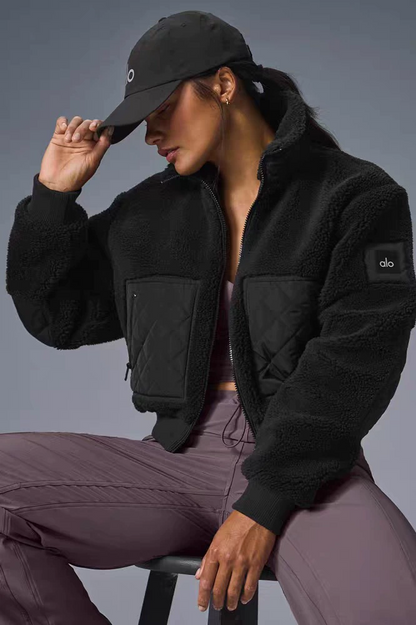 C1 Women Versatile Warm Short Sherpa Fleece Jacket Stand‑Collar Zipper Sports Coat