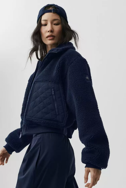 C1 Women Versatile Warm Short Sherpa Fleece Jacket Stand‑Collar Zipper Sports Coat