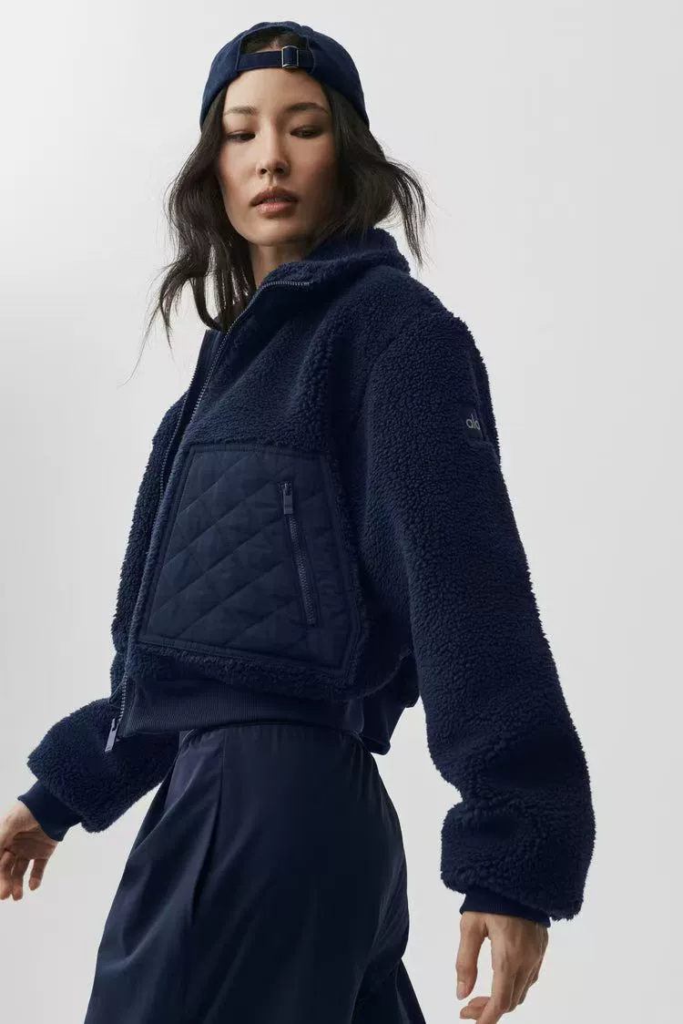 C1 Women Versatile Warm Short Sherpa Fleece Jacket Stand‑Collar Zipper Sports Coat