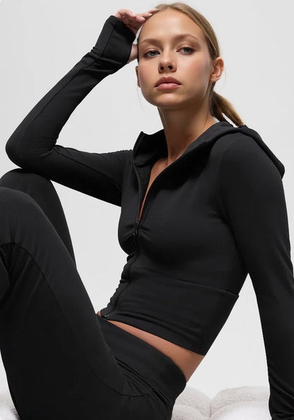2636 Women Slim Fit Hooded Zip Yoga Set, Flared Pants Autumn Winter Casual Sports Activewear
