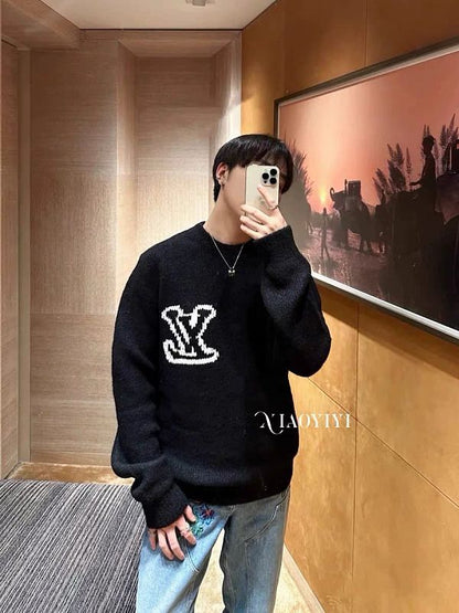 LC03   Men's and women's classic letter jacquard round neck sweater in front and back clothes
