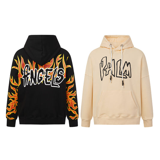 PC01  Men's and women's loose shoulder flame printed hooded sweatshirt clothes