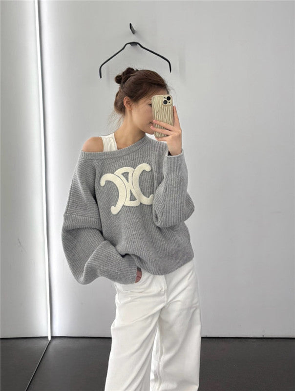 EC03   Men's and women's double C logo patch embroidered round neck sweater Clothes